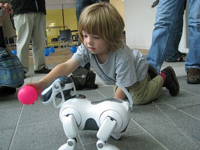 Мальчик играет с собакой-роботом «AIBO ERS-7», которая следует за удерживаемым ребёнком розовым шаром